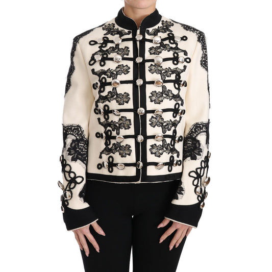 Dolce & Gabbana White Wool Black Floral Baroque Jacket Dolce & Gabbana