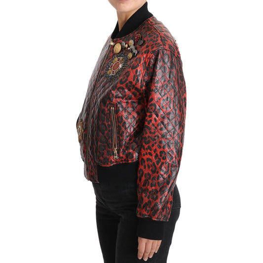 Dolce & Gabbana Red Leopard Bomber Leather Jacket with Crystal Buttons Coats & Jackets Dolce & Gabbana