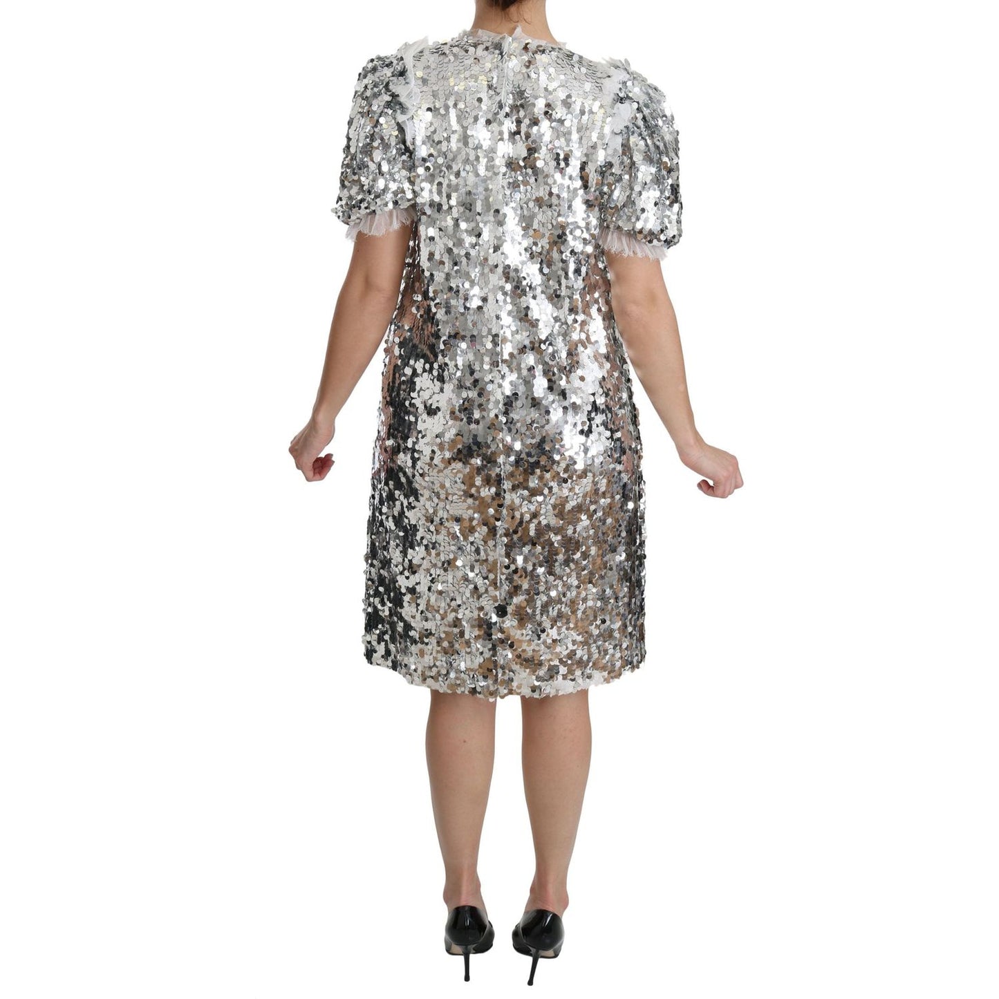 Dolce & Gabbana Elegant Silver A-Line Dress with Crystal Accents Dolce & Gabbana