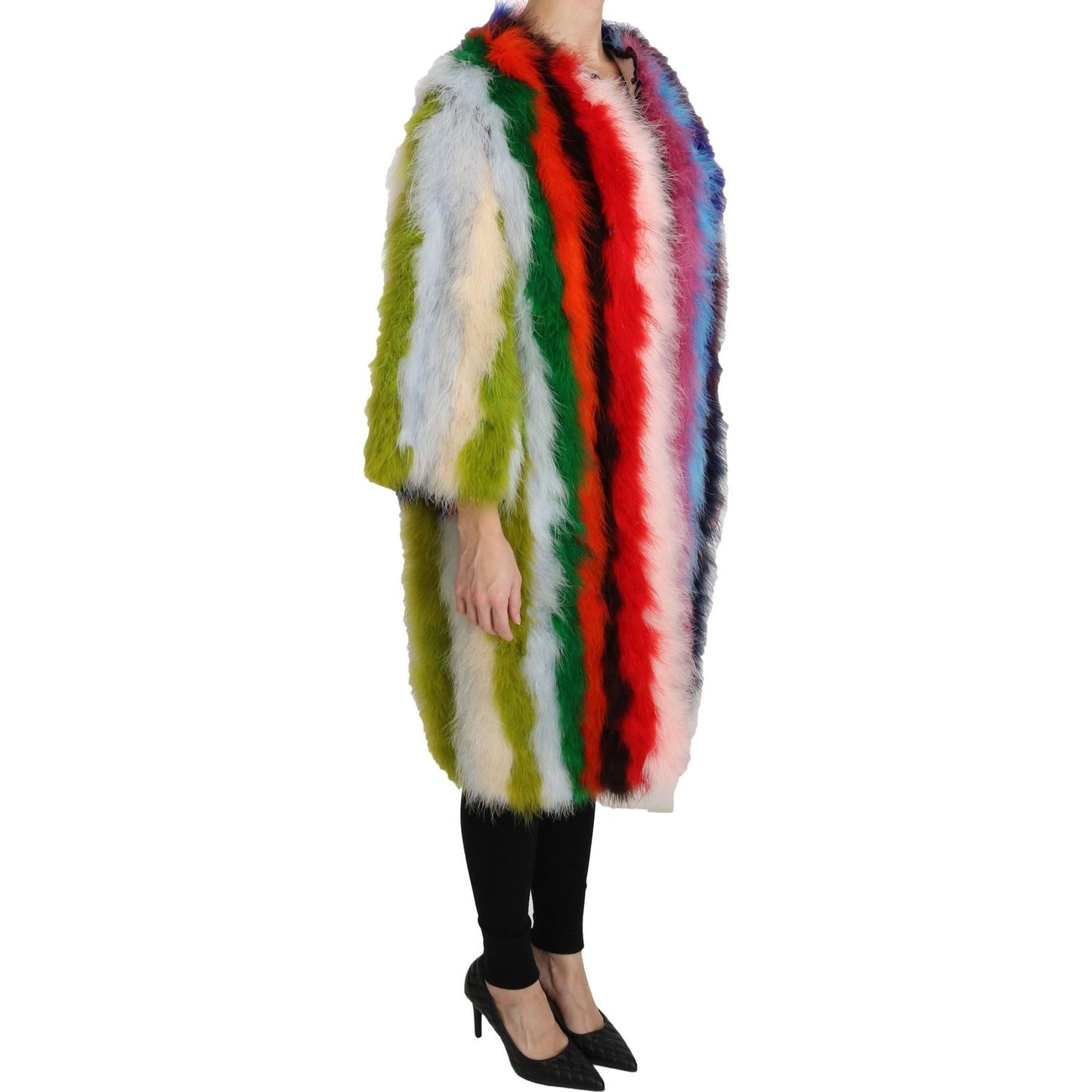 Dolce & Gabbana Multicolor Turkey Feather Cape Fur Coat Dolce & Gabbana