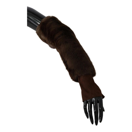 Dolce & Gabbana Elegant Brown Fur & Leather Elbow-Length Gloves Dolce & Gabbana