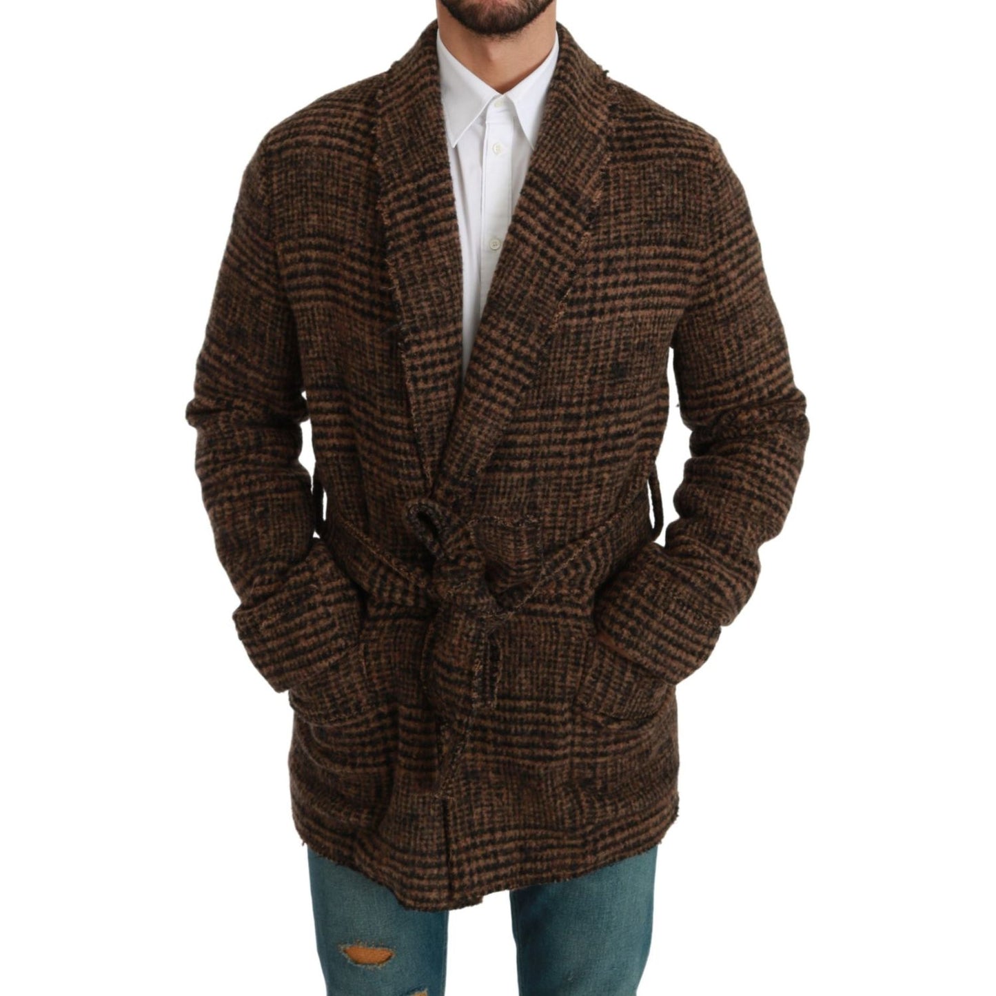 Dolce & Gabbana Brown Checkered Wool Robe Coat Wrap Jacket Dolce & Gabbana