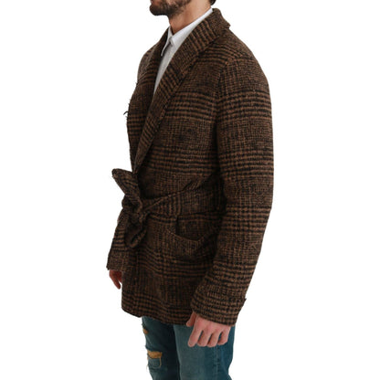 Dolce & Gabbana Brown Checkered Wool Robe Coat Wrap Jacket Dolce & Gabbana
