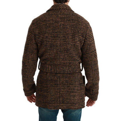 Dolce & Gabbana Brown Checkered Wool Robe Coat Wrap Jacket Dolce & Gabbana