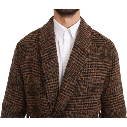 Dolce & Gabbana Brown Checkered Wool Robe Coat Wrap Jacket Dolce & Gabbana