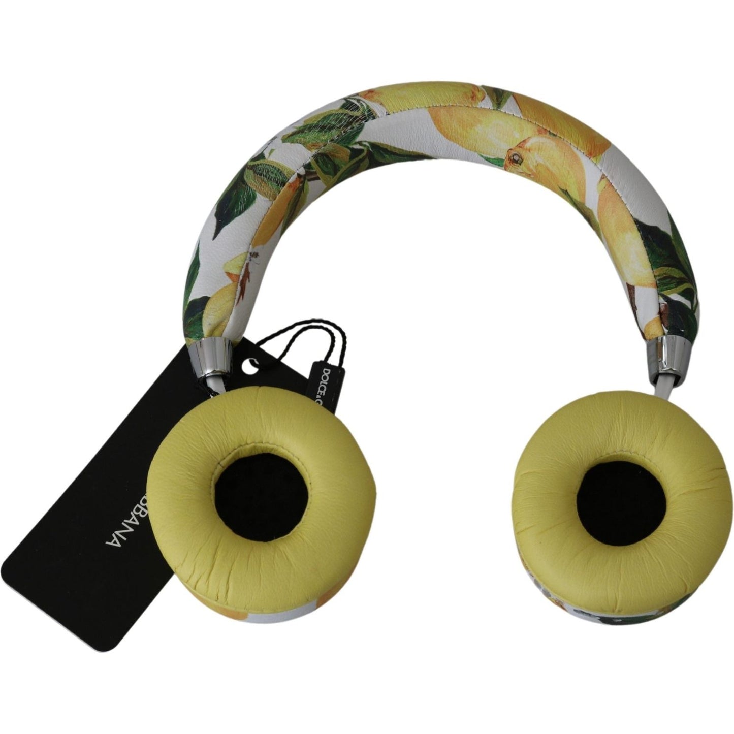 Dolce & Gabbana Chic White Leather Headphones with Yellow Print Dolce & Gabbana