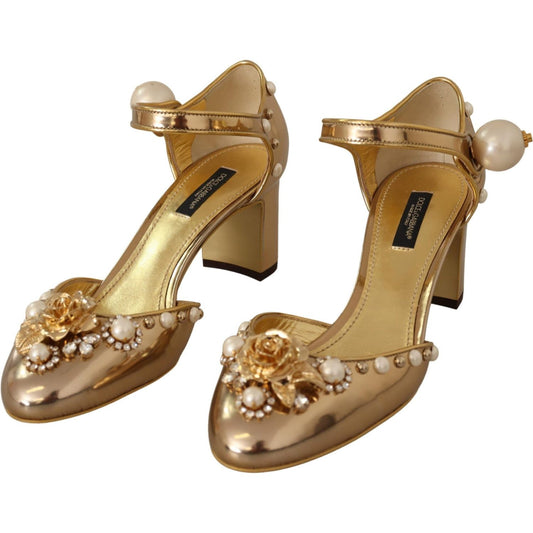 Dolce & Gabbana Elegant Gold Leather Block Heels with Crystals Dolce & Gabbana