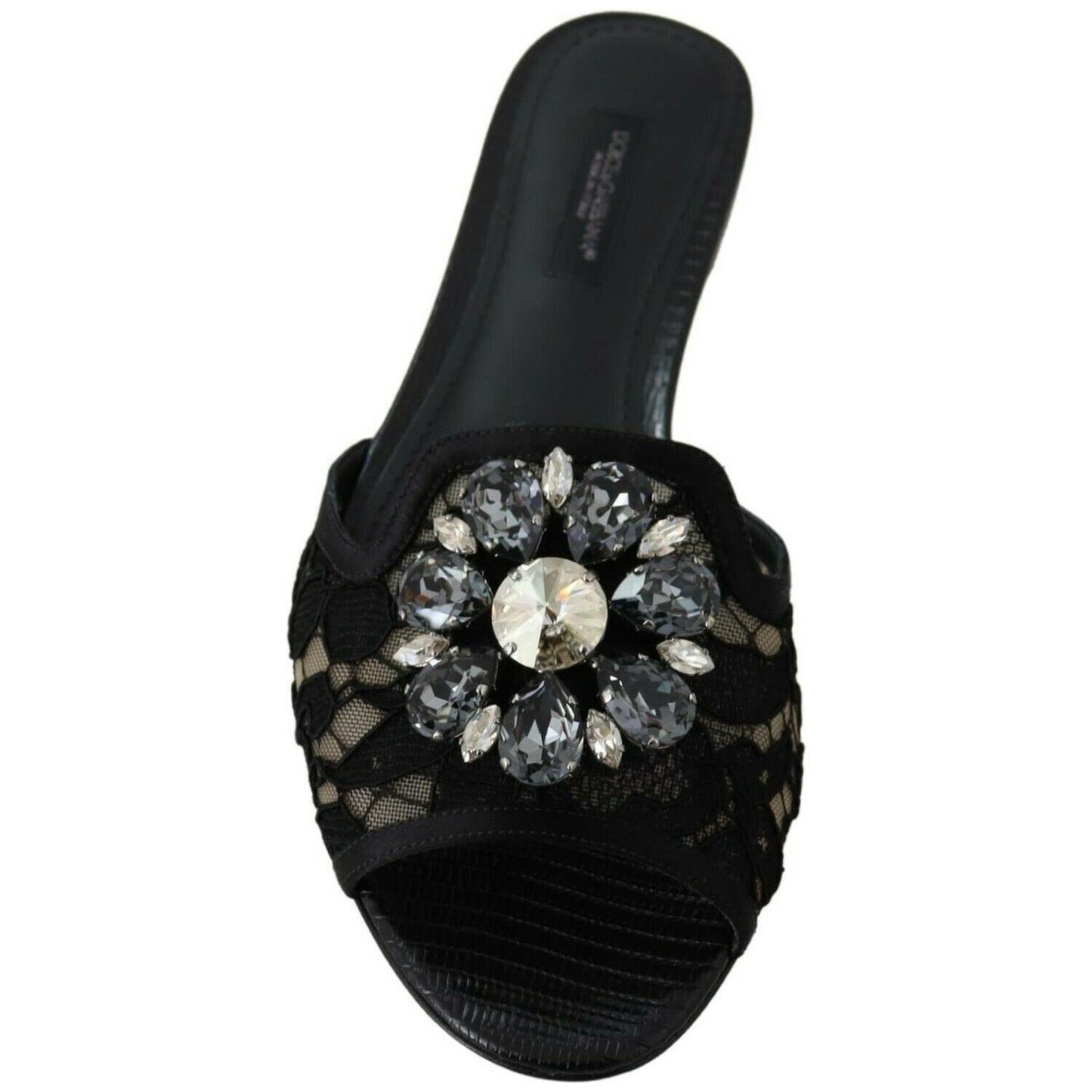 Dolce & Gabbana Elegant Black Lace Mules with Jewel Flower Detail Dolce & Gabbana