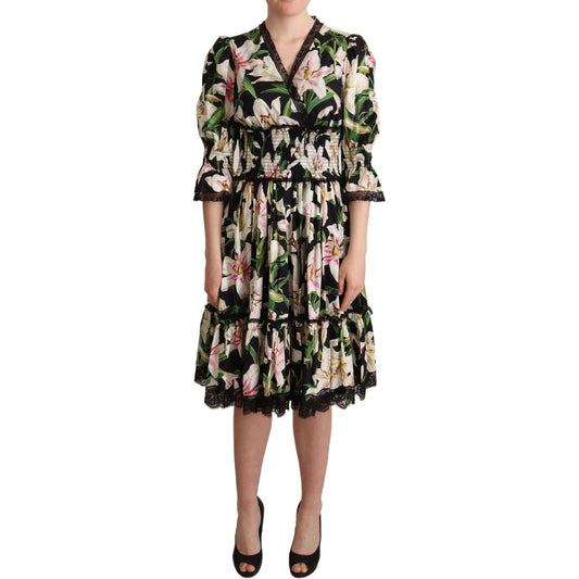 Dolce & Gabbana Elegant Lily Print Midi Dress with Lace Trim WOMAN DRESSES Dolce & Gabbana