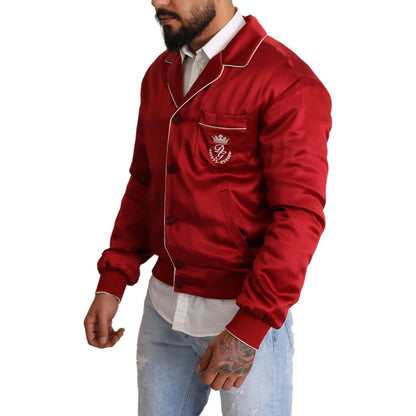 Dolce & Gabbana Red Silk Button DG Logo Bomber Jacket Dolce & Gabbana