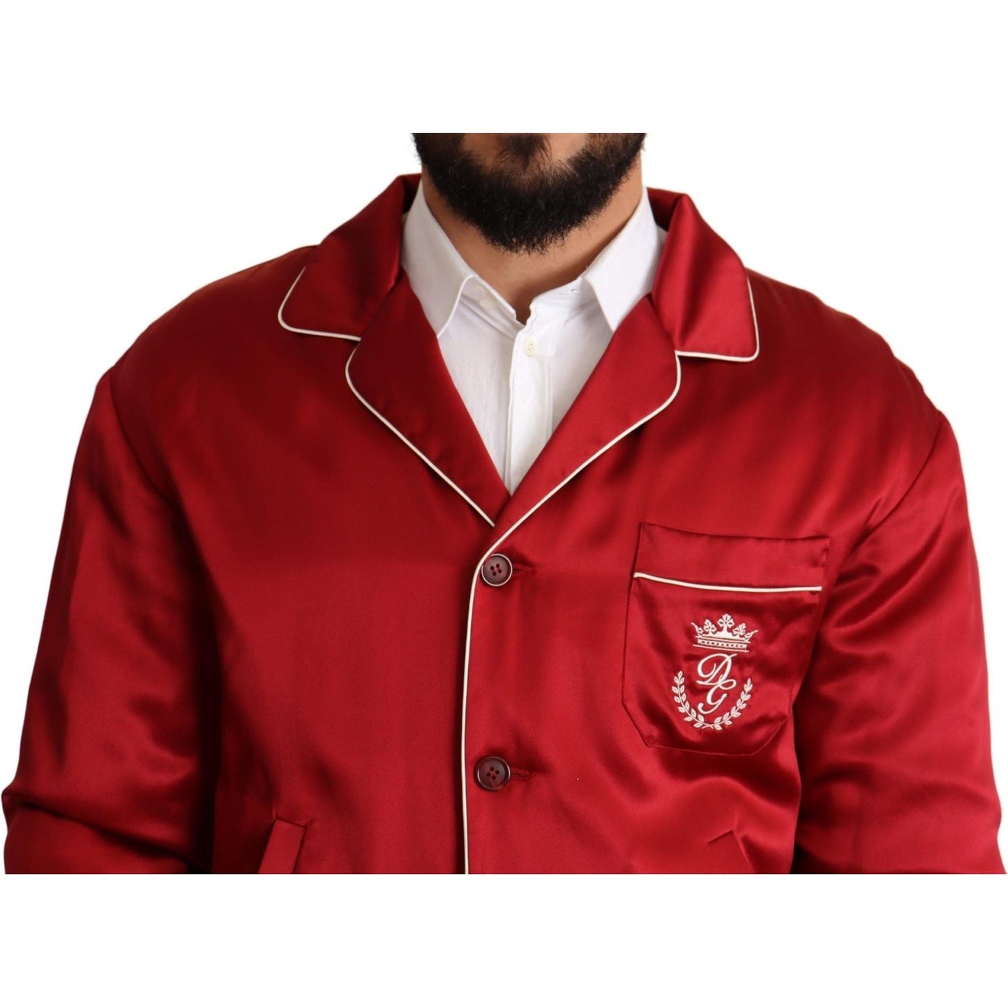 Dolce & Gabbana Red Silk Button DG Logo Bomber Jacket Dolce & Gabbana
