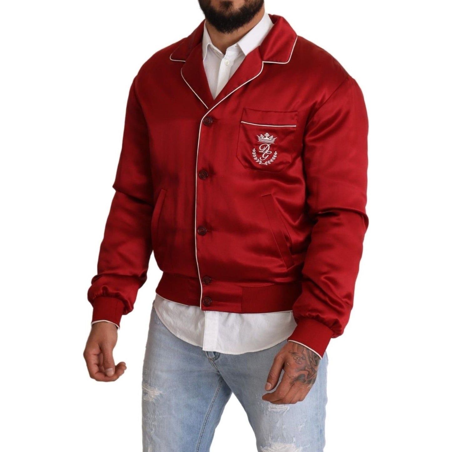 Dolce & Gabbana Red Silk Button DG Logo Bomber Jacket Dolce & Gabbana