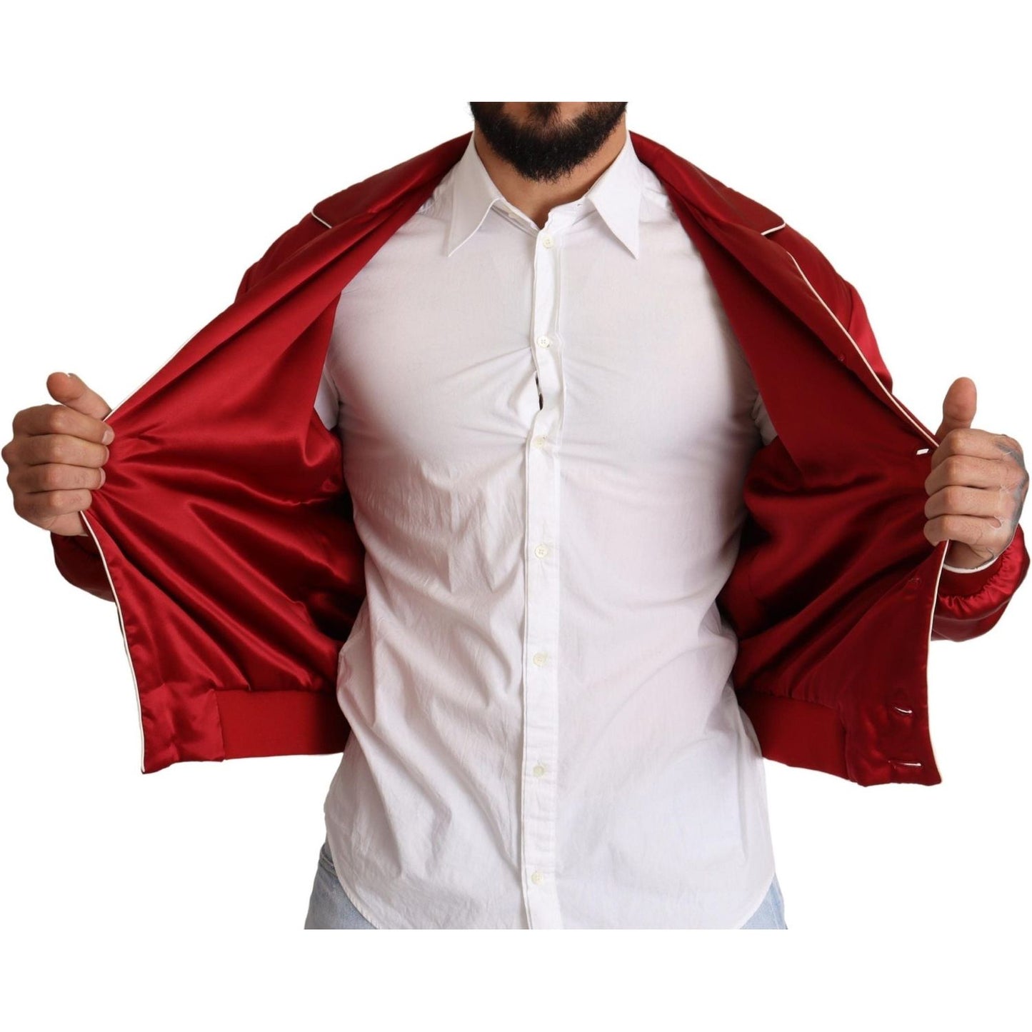 Dolce & Gabbana Red Silk Button DG Logo Bomber Jacket Dolce & Gabbana