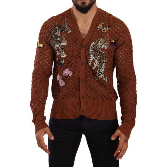 Dolce & Gabbana Brown Leopard Butterfly Cardigan Sweater Dolce & Gabbana