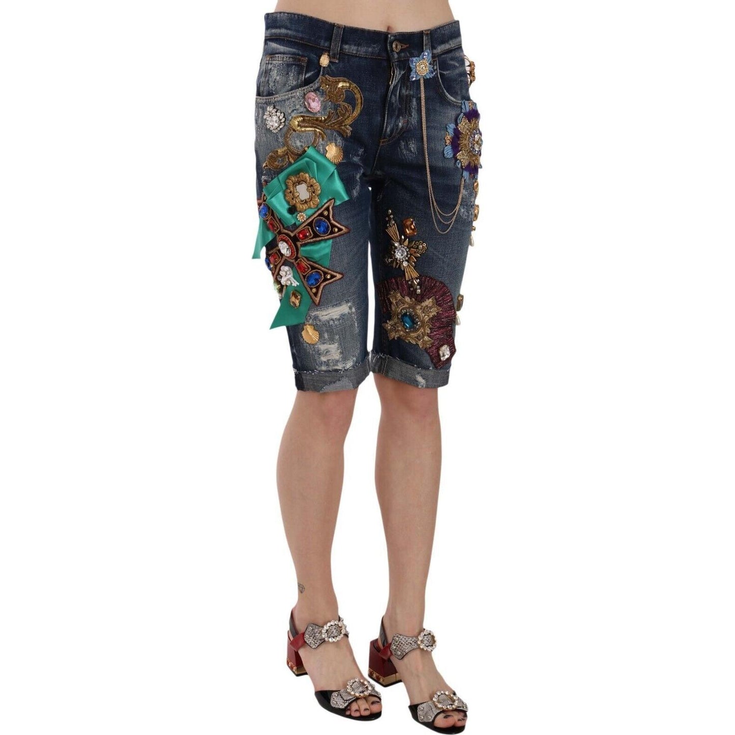 Dolce & Gabbana Elegant Knee-Length Embellished Denim Shorts Dolce & Gabbana