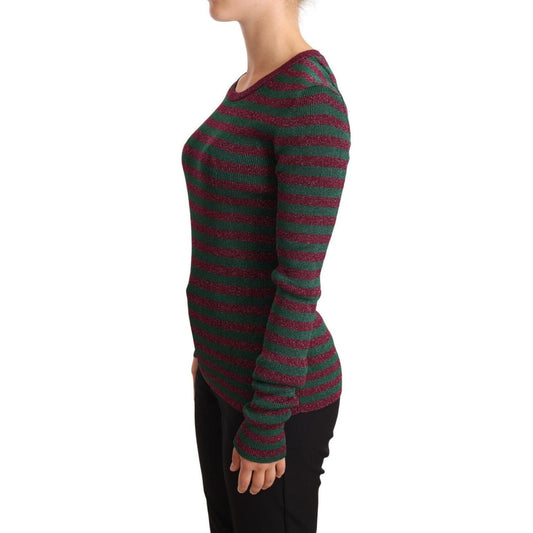 Dolce & Gabbana Elegant Maroon and Green Striped Crewneck Sweater WOMAN SWEATERS Dolce & Gabbana