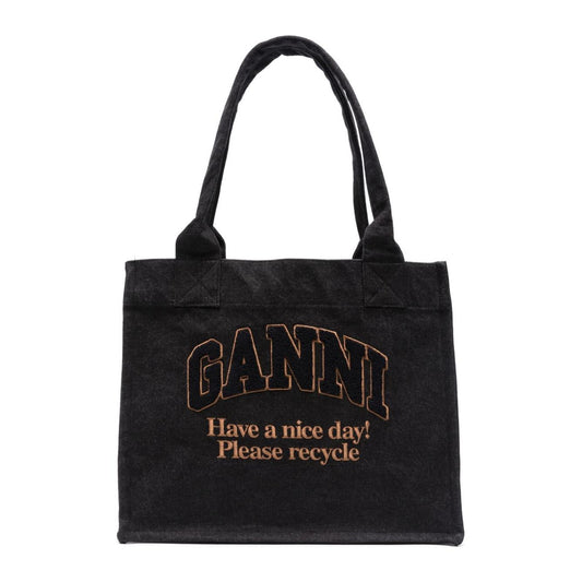 GANNI Denim Tote Woman Bag Black Shopper Ganni