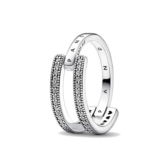 PANDORA JEWELS Mod. SIGNATURE LOGO & PAVE DOUBLE BAND - RING - Size 52