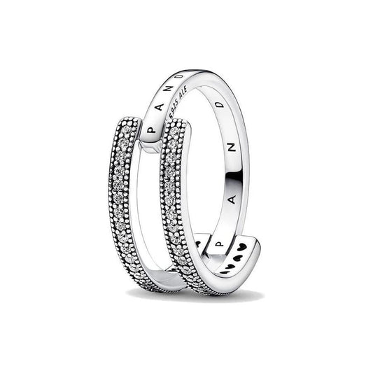 PANDORA JEWELS Mod. SIGNATURE LOGO & PAVE DOUBLE BAND - RING - Size 54