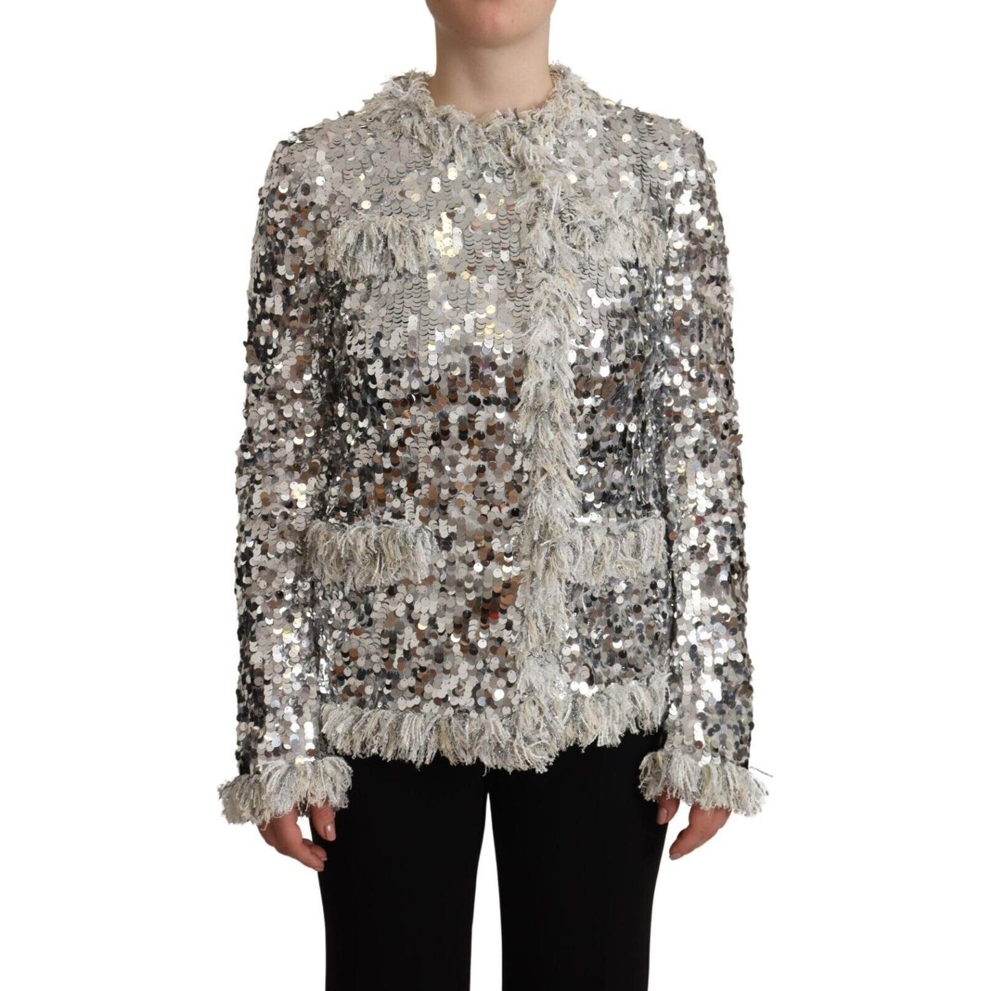 Dolce & Gabbana Silver Sequined Shearling Long Sleeves Jacket Dolce & Gabbana