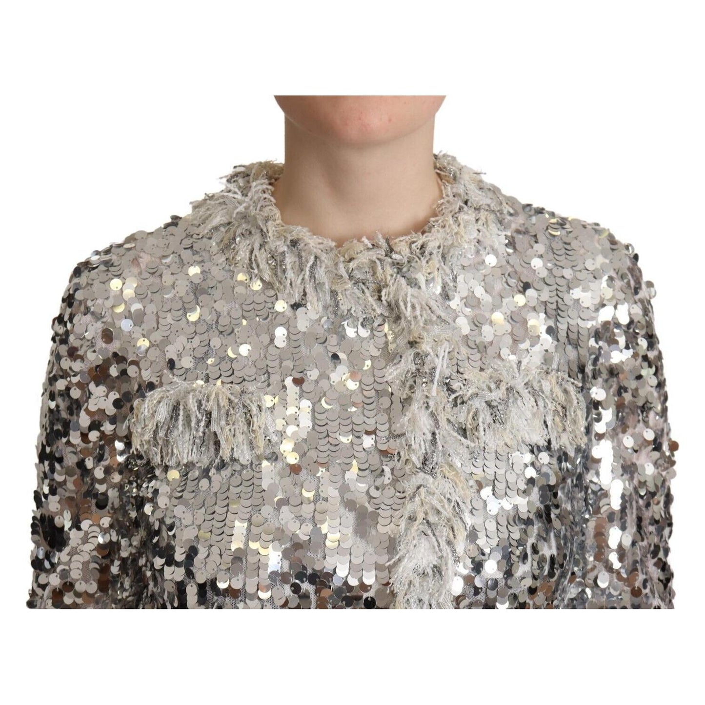 Dolce & Gabbana Silver Sequined Shearling Long Sleeves Jacket Dolce & Gabbana