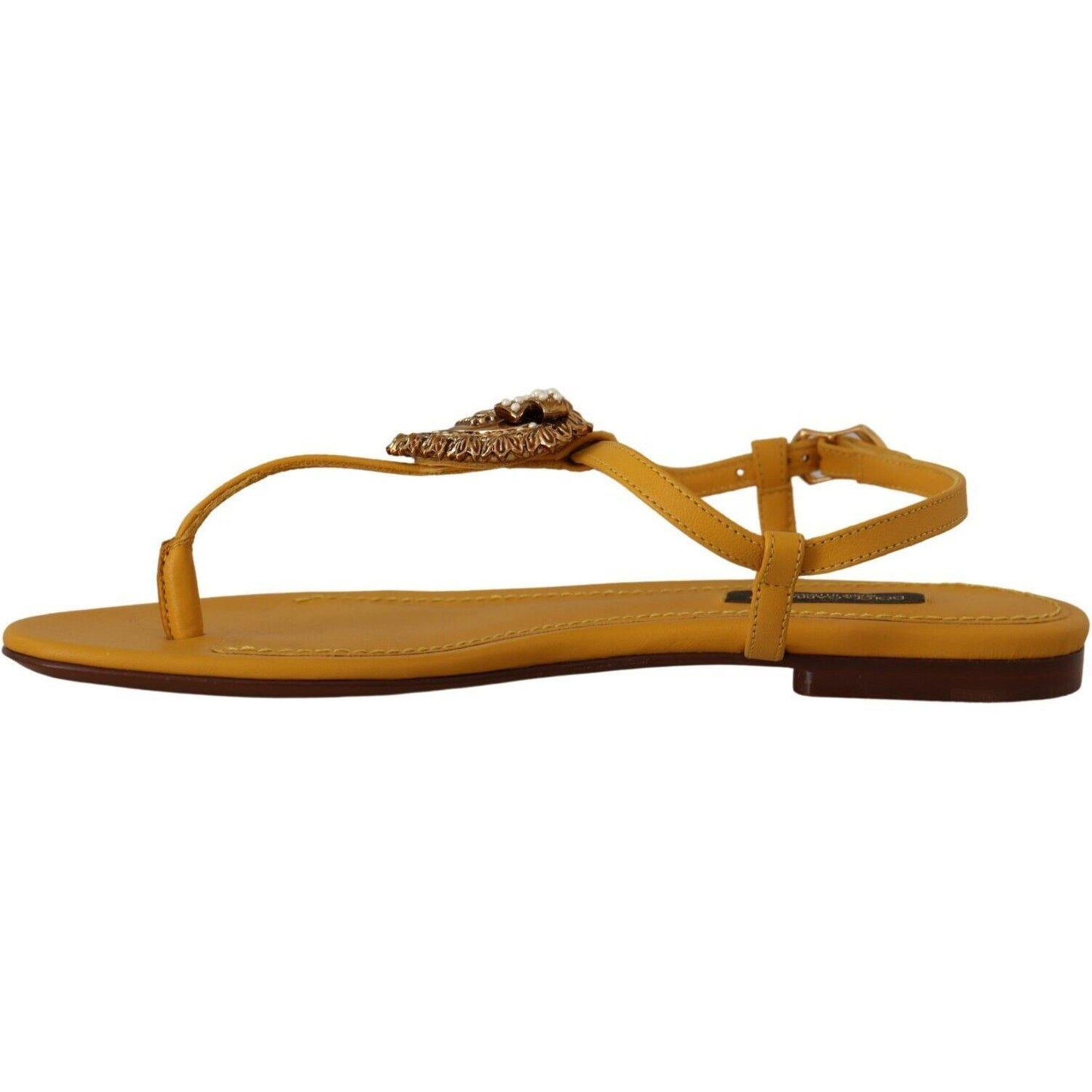 Dolce & Gabbana Mustard T-Strap Flat Sandals with Heart Embellishment Dolce & Gabbana