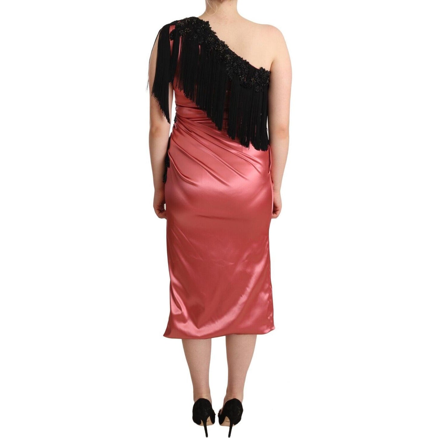 Dolce & Gabbana Elegant Pink Maxi Dress with Black Tassel Accent Dolce & Gabbana