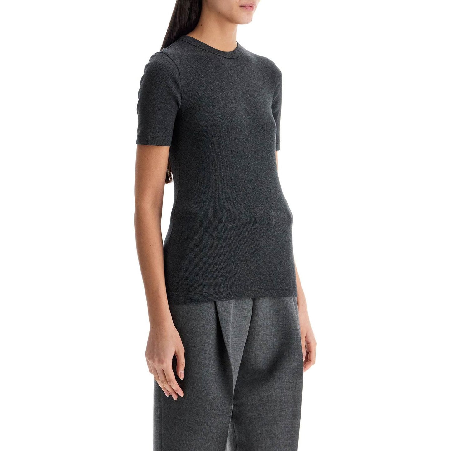 Toteme organic cotton ribbed sweater in charcoal melange with wide neckline