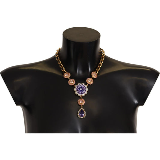 Dolce & Gabbana Gold Brass Crystal Purple Pink Pearl Pendants Necklace Dolce & Gabbana