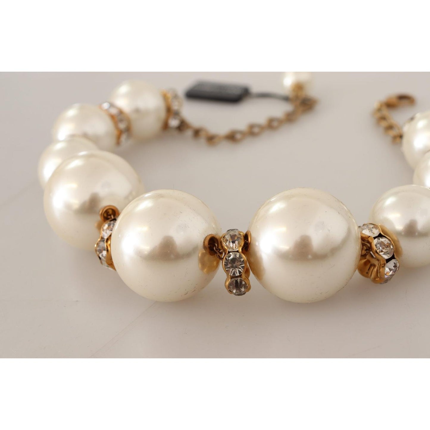 Dolce & Gabbana Elegant Faux Pearl Charm Necklace with Crystal Accents Necklace Dolce & Gabbana