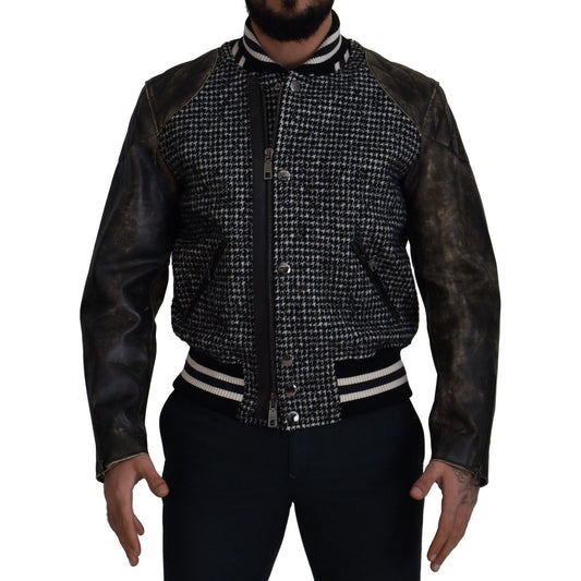 Dolce & Gabbana Multicolor Houndstooth Leather Bomber Jacket Dolce & Gabbana