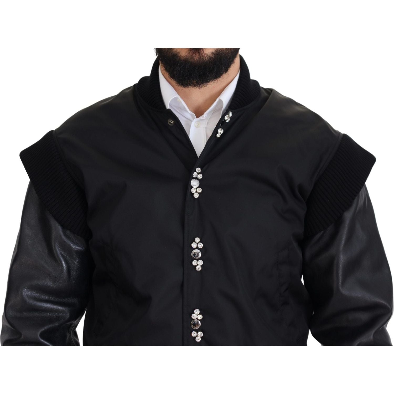 Dolce & Gabbana Black Nylon Crystals Coat Buttons Jacket