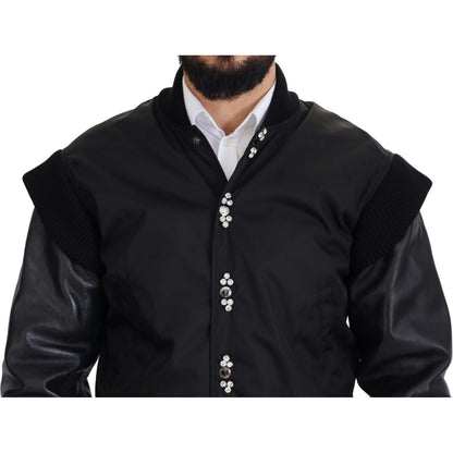 Dolce & Gabbana Black Nylon Crystals Coat Buttons Jacket