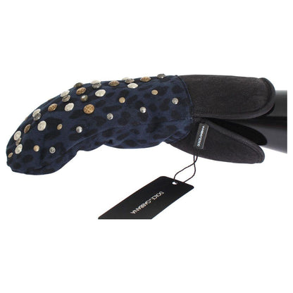 Dolce & Gabbana Gray Wool Shearling Studded Blue Leopard Gloves Dolce & Gabbana