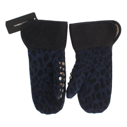 Dolce & Gabbana Gray Wool Shearling Studded Blue Leopard Gloves Dolce & Gabbana