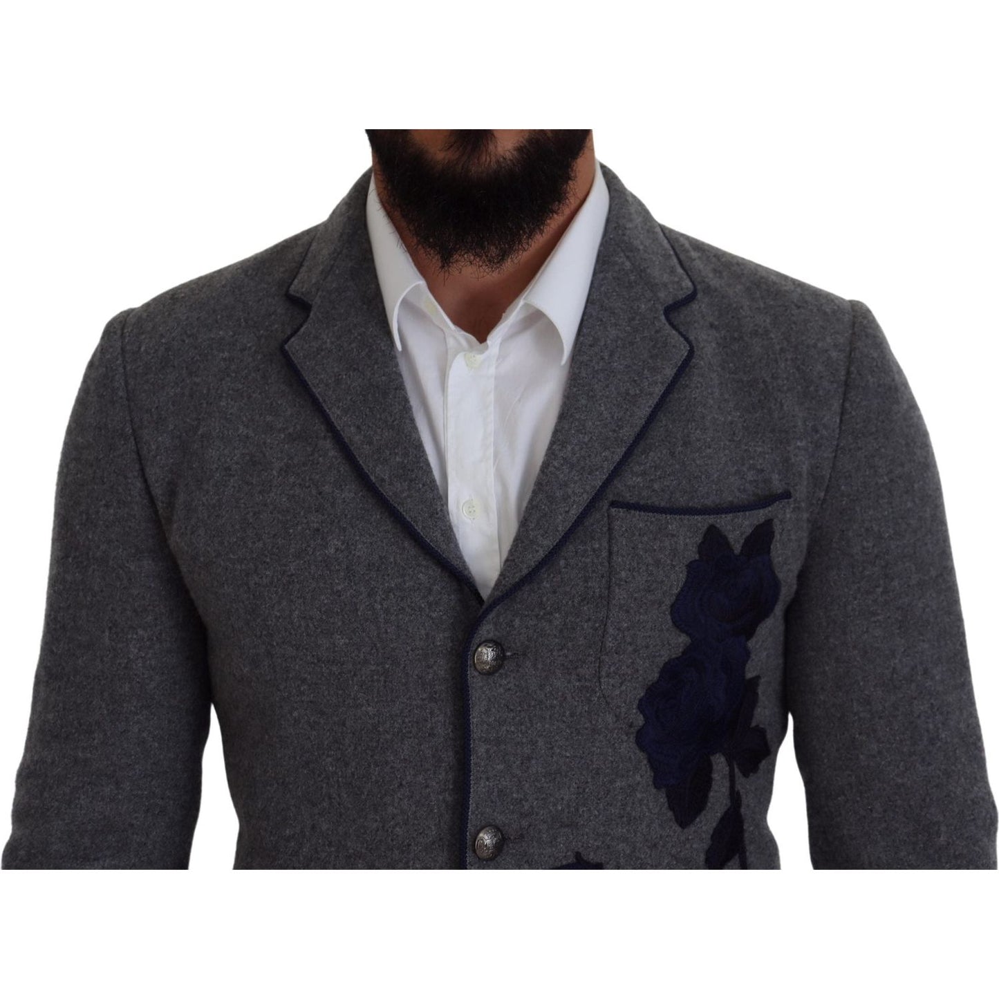 Dolce & Gabbana Elegant Gray Wool Blazer with Blue Rose Embroidery Dolce & Gabbana