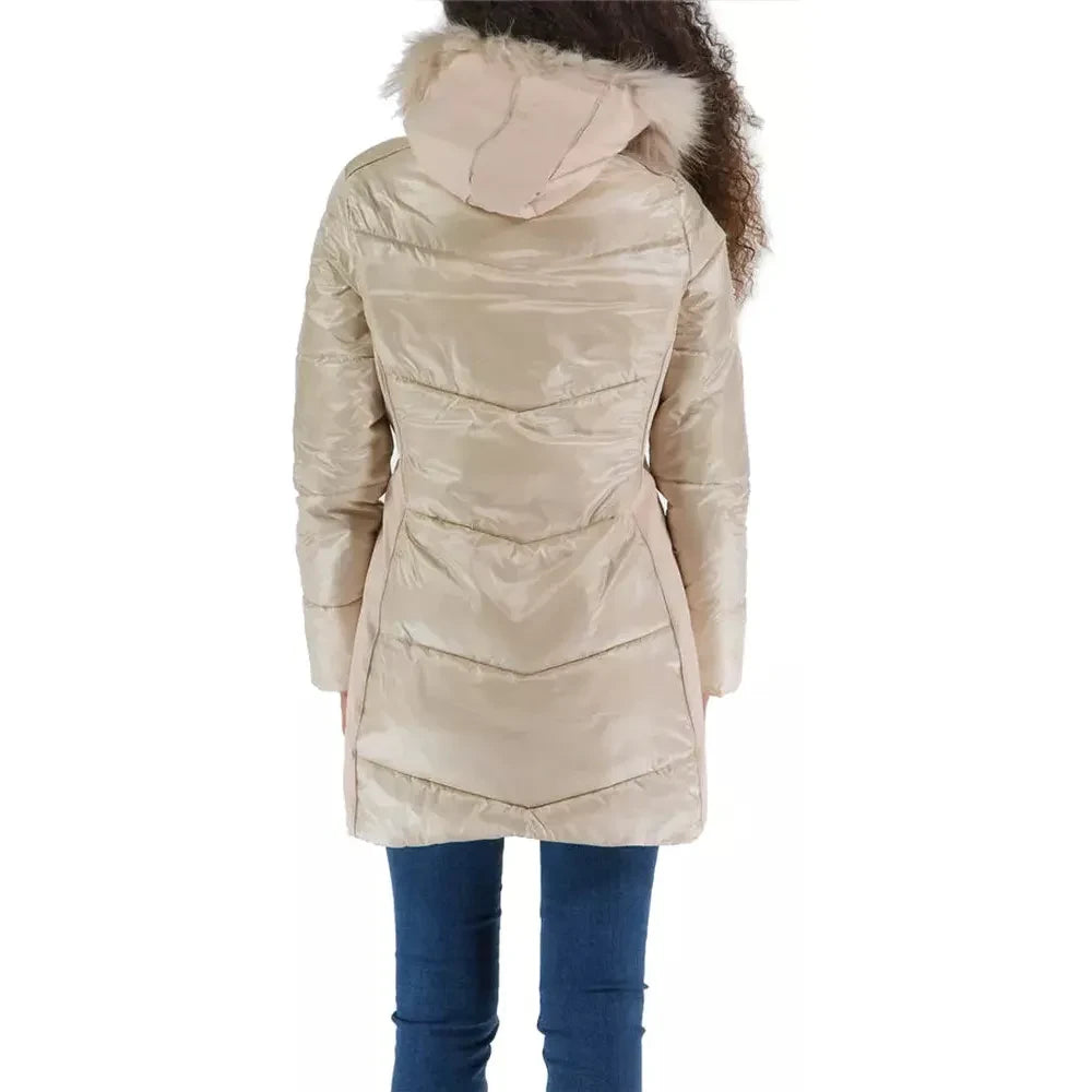 Yes Zee Elegant Beige Padded Jacket with Fur Hood Yes Zee