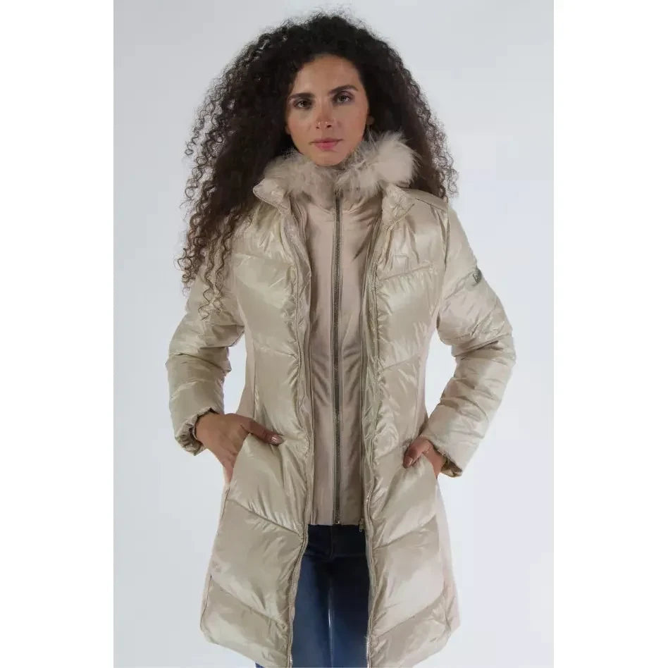 Yes Zee Elegant Beige Padded Jacket with Fur Hood Yes Zee