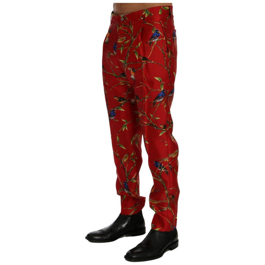 Dolce & Gabbana Elegant Silk Dress Trousers in Red Bird Print Dolce & Gabbana