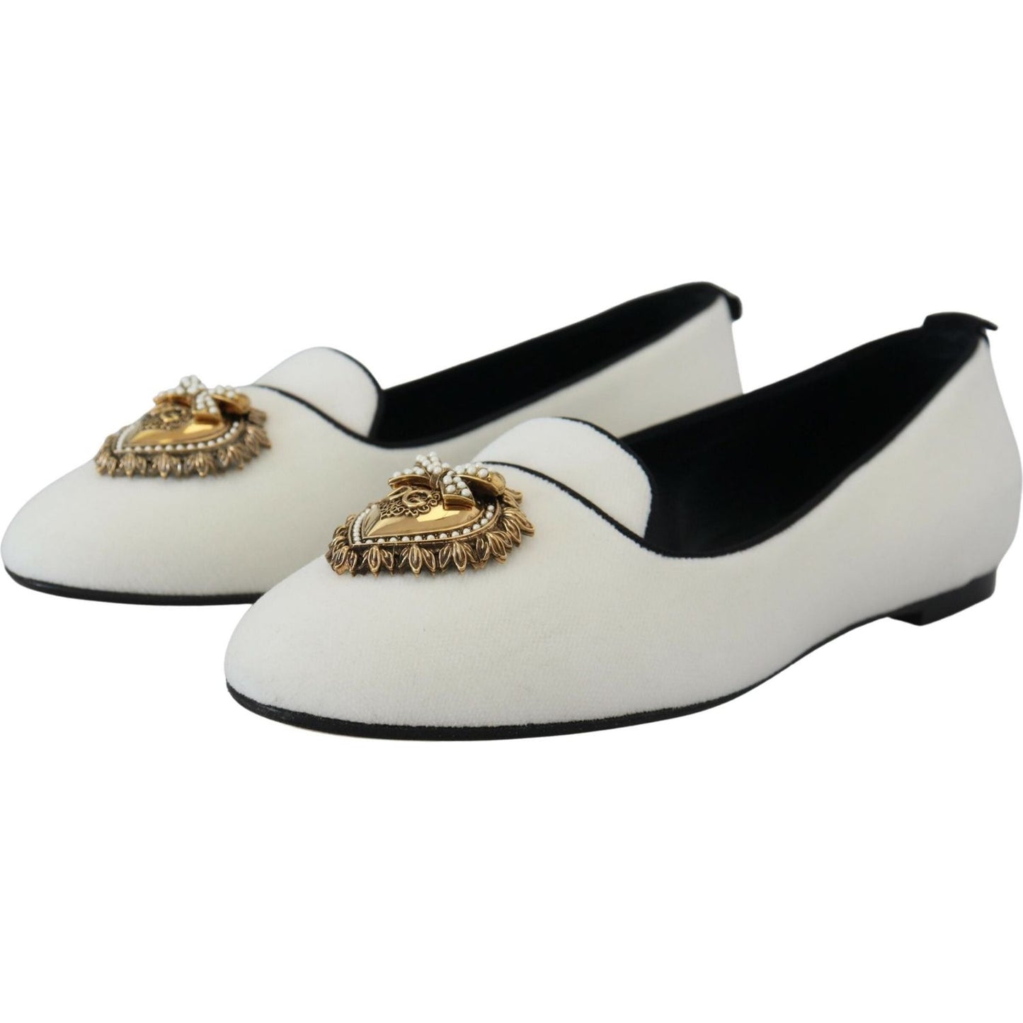 Dolce & Gabbana Elegant White Velvet Loafers with Gold Heart Detail Dolce & Gabbana