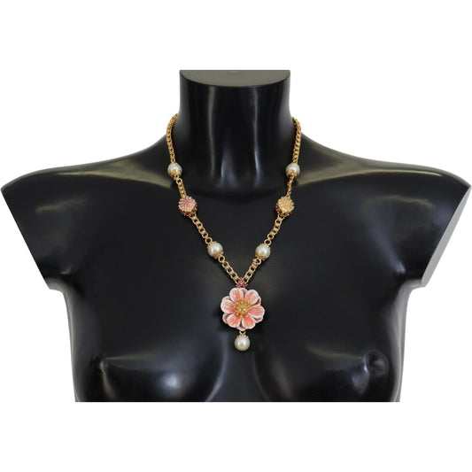 Dolce & Gabbana Gold Tone Floral Crystals Pink Embellished Necklace Dolce & Gabbana