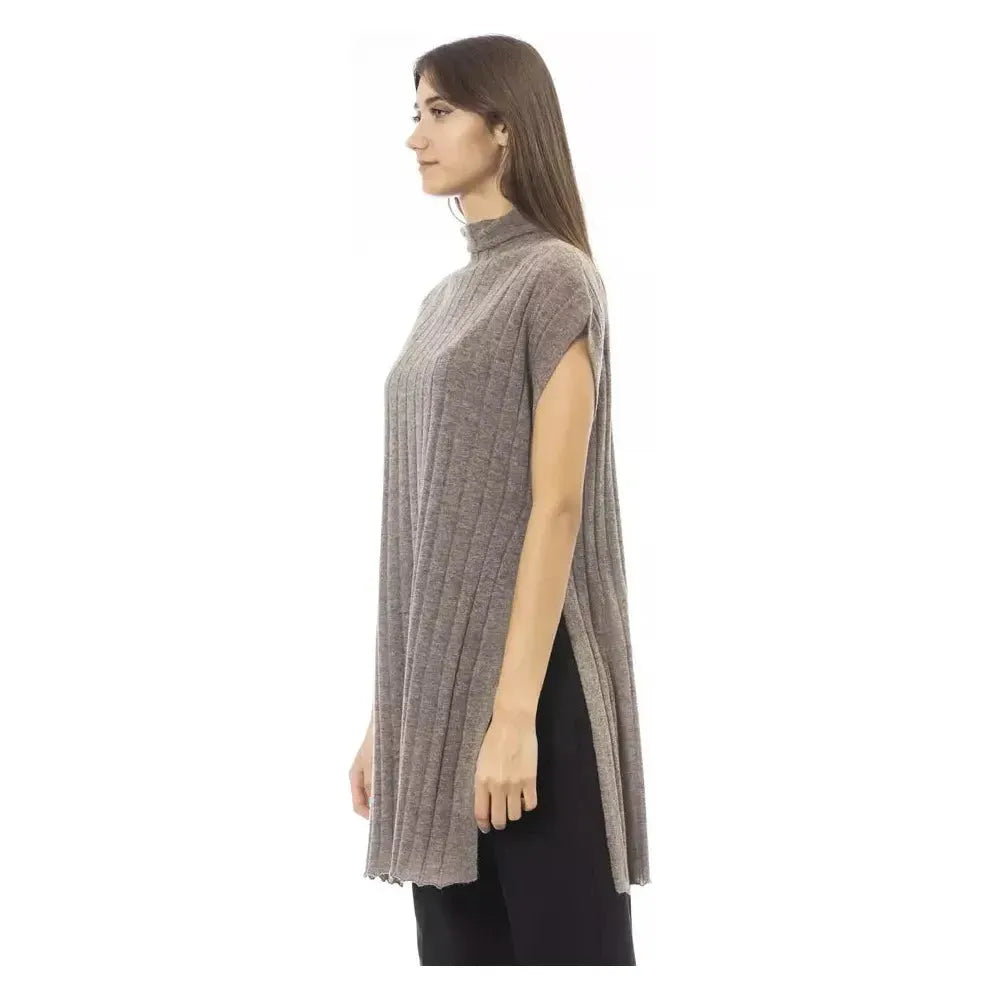 Alpha Studio Brown Wool Women Sweater With Turtleneck and Side Slits Alpha Studio