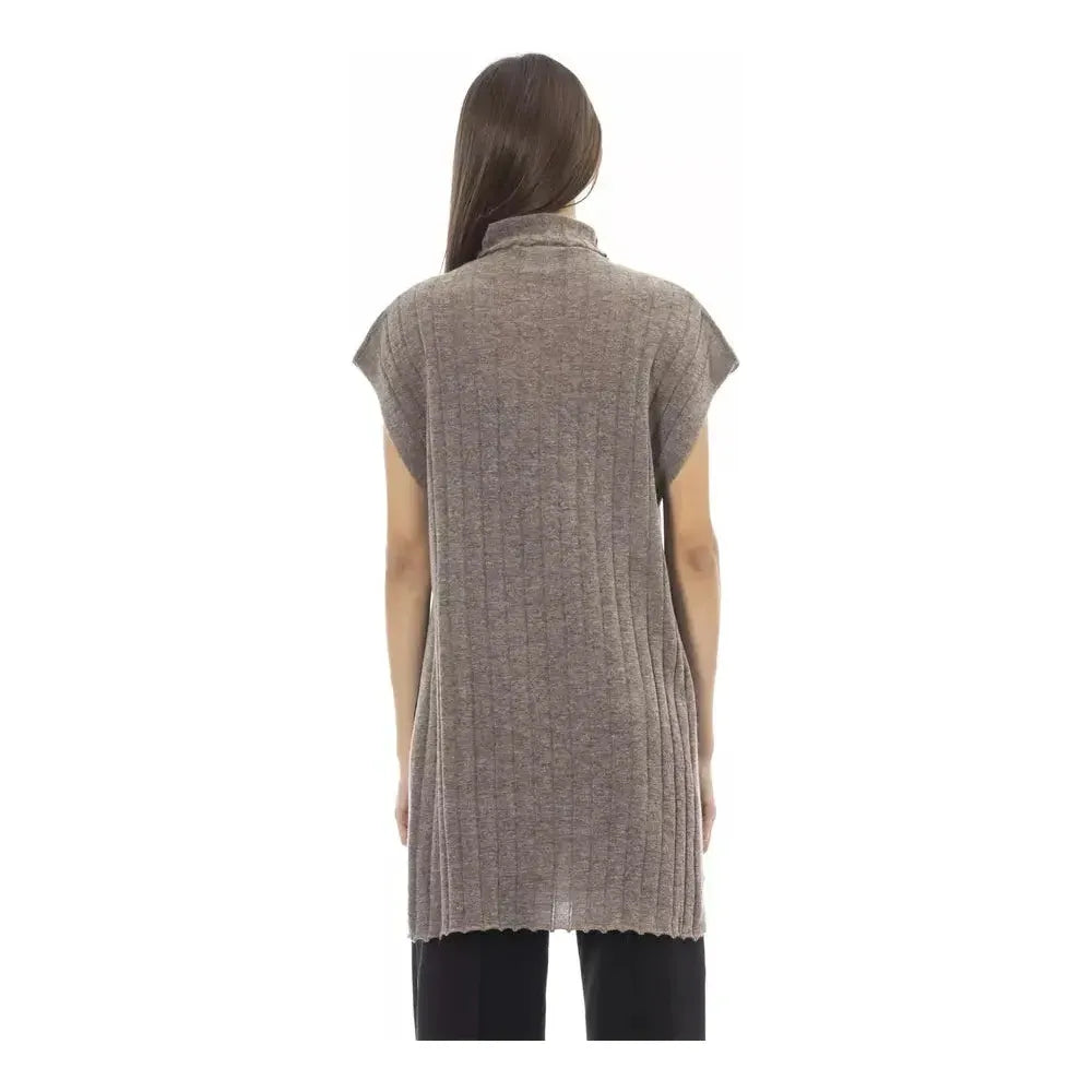 Alpha Studio Brown Wool Women Sweater With Turtleneck and Side Slits Alpha Studio