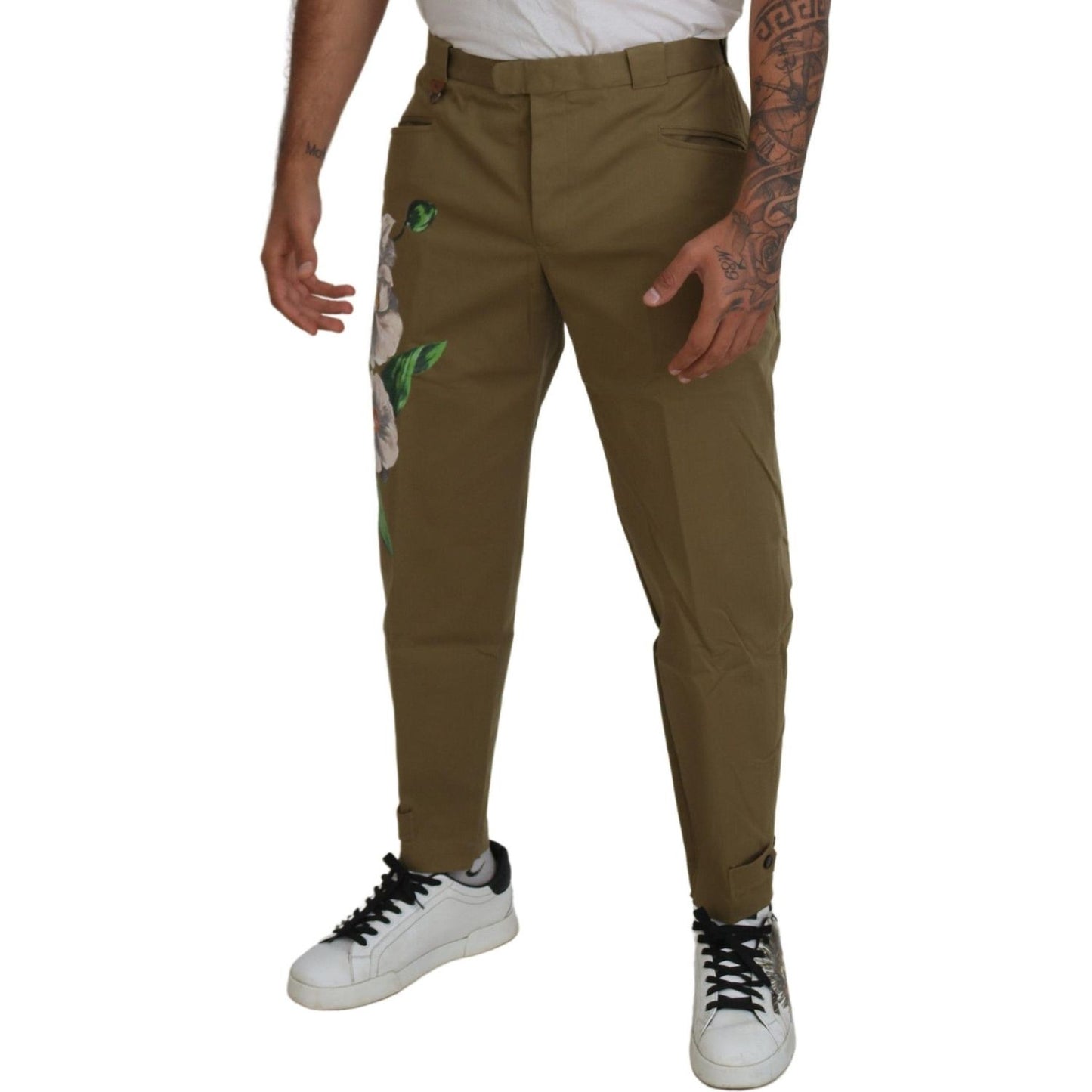 Dolce & Gabbana Exquisite Floral Beige Chino Pants Dolce & Gabbana