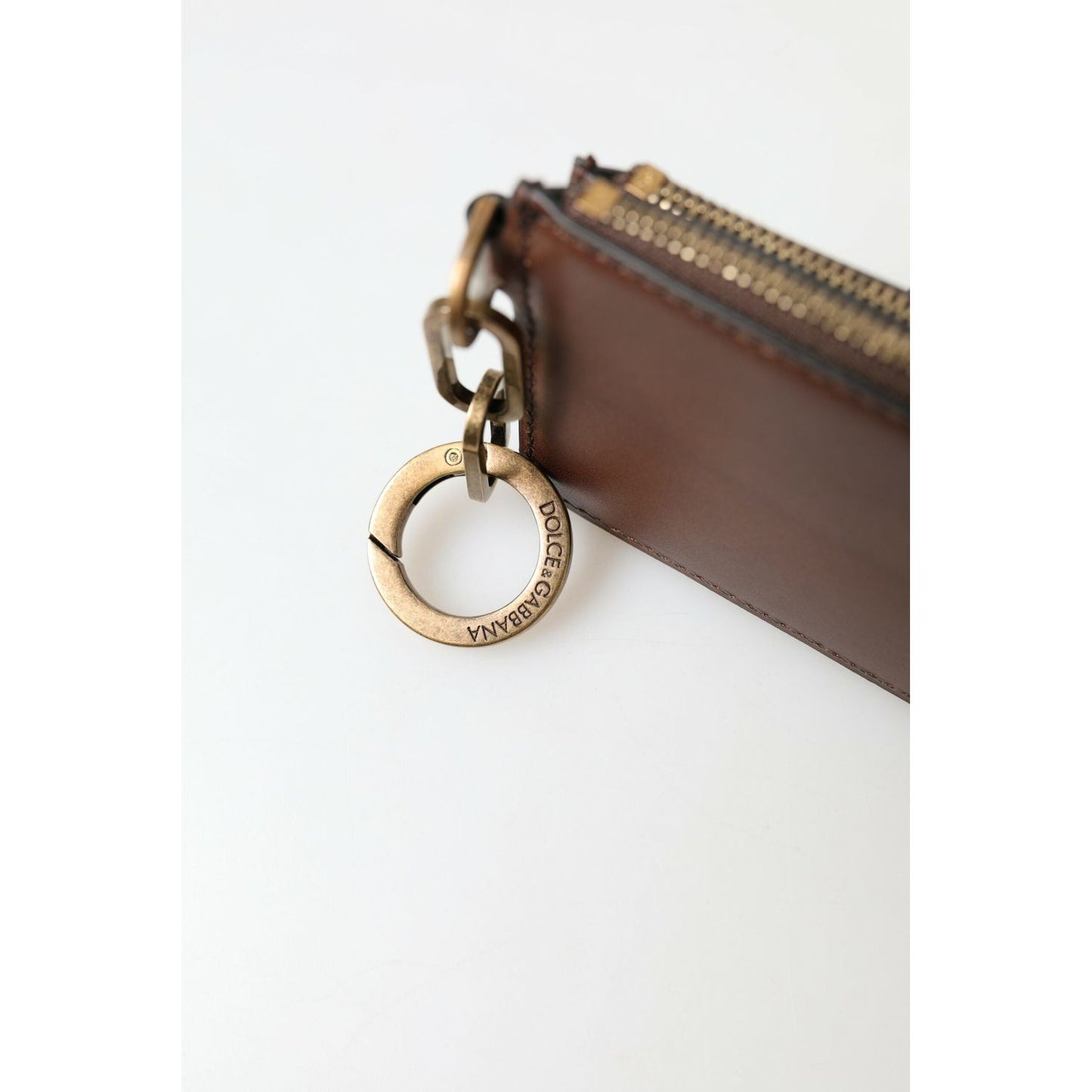 Dolce & Gabbana Brown Leather Zip Logo Keyring Coin Purse Wallet Dolce & Gabbana