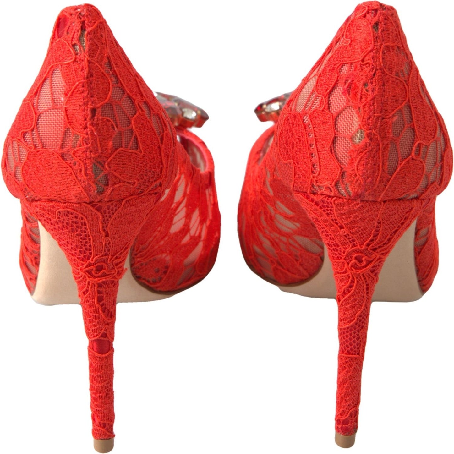 Dolce & Gabbana Chic Red Lace Heels with Crystal Embellishment Dolce & Gabbana