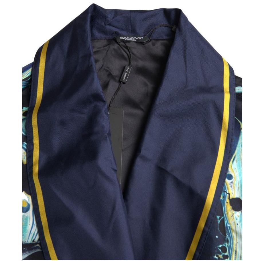 Dolce & Gabbana Marble Blue Silk Long Robe Luxury Sleepwear Dolce & Gabbana