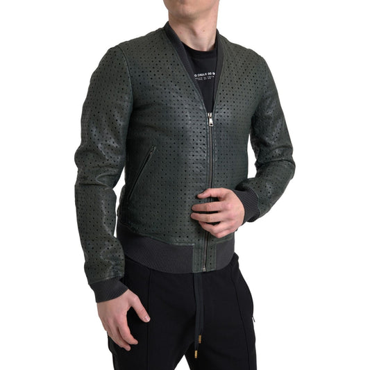 Dolce & Gabbana Green Perforated Leather Bomber Jacket Dolce & Gabbana