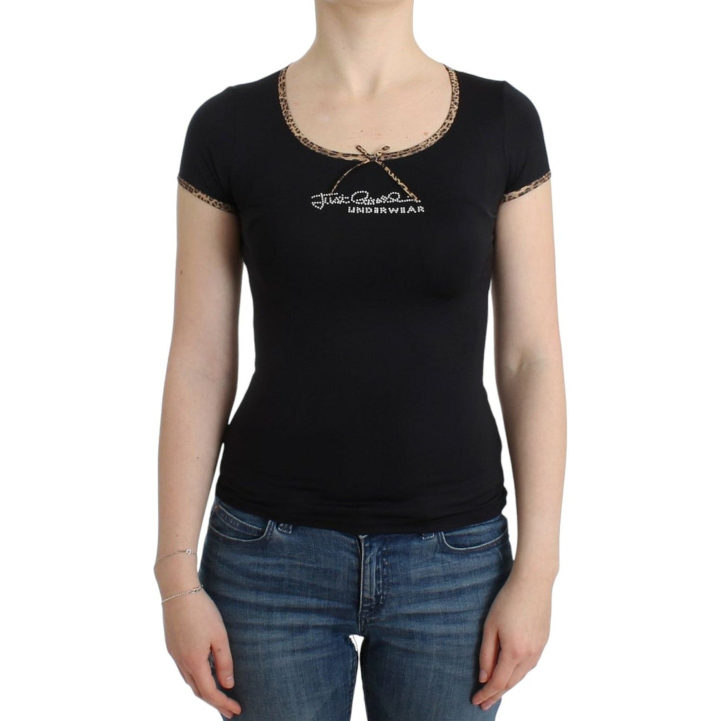 Cavalli Chic Black Crewneck Top with Leopard Details Cavalli