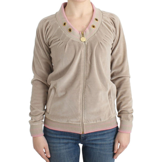 Cavalli Beige Zip Cardigan with Gold Tone Accents Cavalli